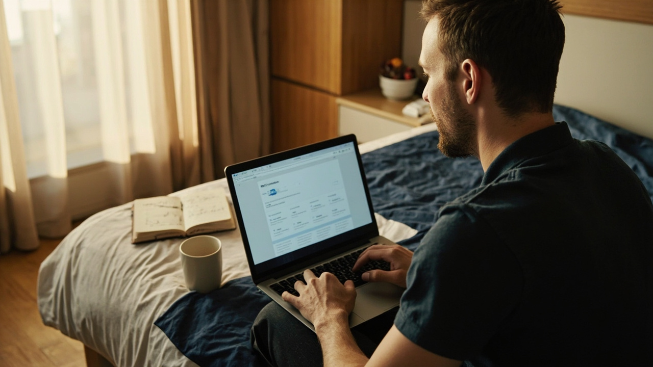 Australian traveller on a laptop in a sunlit hotel room rebooking flights, calm composition, no recognisable airline branding