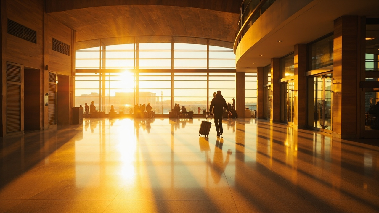 Quiet generic modern airport terminal corridor at warm light, soft empty space, no recognisable signage or airline branding