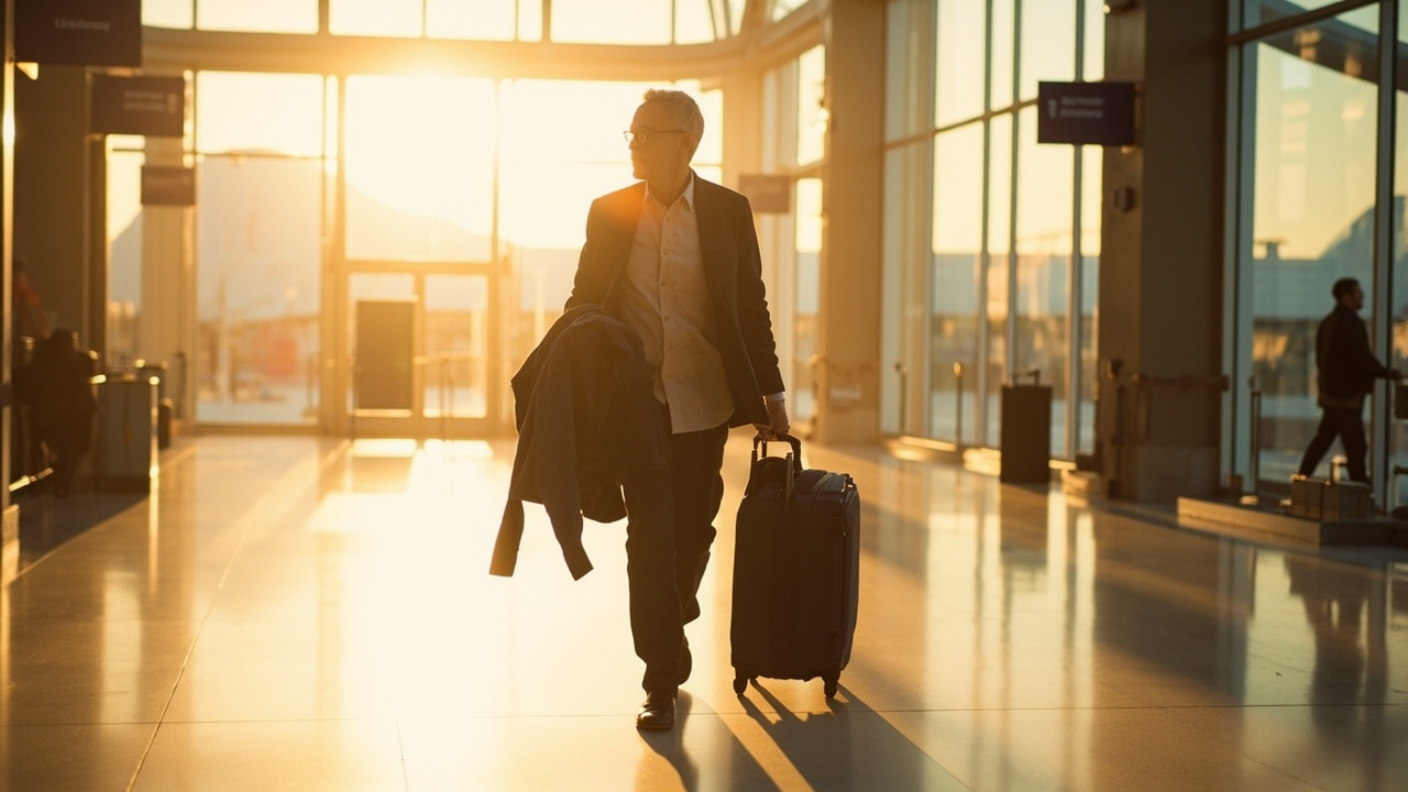 Family member walking through generic warm-lit airport arrivals concourse carrying small bag, calm purposeful body language