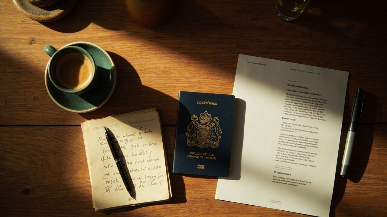 Overhead flat-lay of closed Australian passport, small notebook with handwritten notes, coffee cup and pen on warm wooden desk