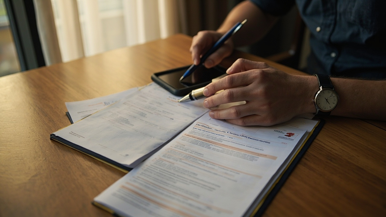 Australian traveller reviewing travel insurance paperwork on a warm wooden desk, calm focused composition, no recognisable insurer branding