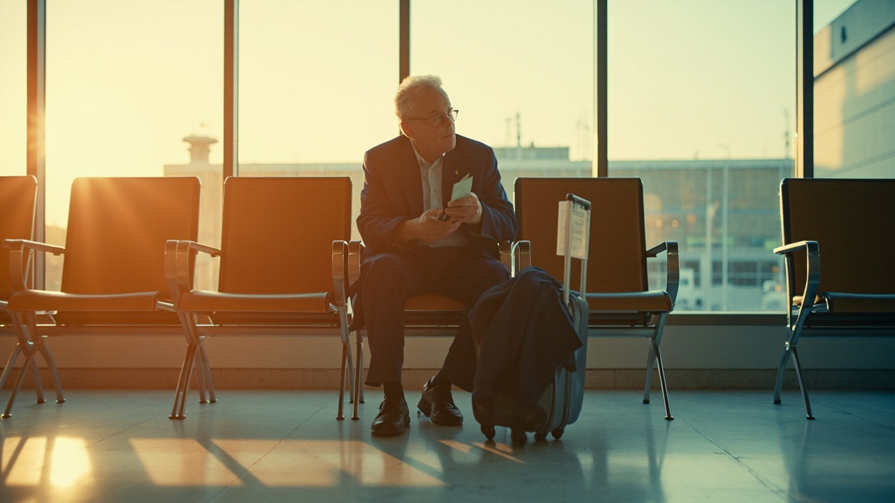 Australian traveller seated quietly by a large airport window at warm light, soft jacket folded over a small carry-on bag, calm reflective composition
