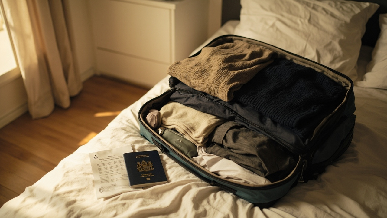 Half-packed soft-sided carry-on bag open on a neatly made bed in a sunlit Australian bedroom, neutral travel essentials beside it