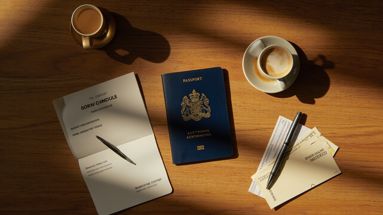 Overhead flat-lay of closed Australian passport, folded itinerary, small paper notebook with a single ballpoint pen, calm composition