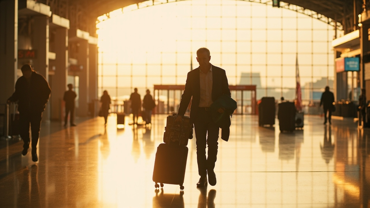 Australian traveller walking calmly through a quiet generic airport arrivals concourse at warm light, small carry-on in hand