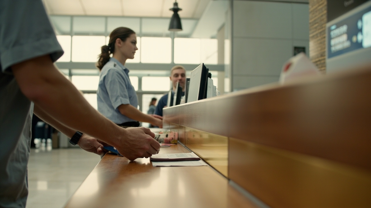 Australian traveller at a generic modern airport visa counter handing over a passport, calm interaction, no national flags or signage visible