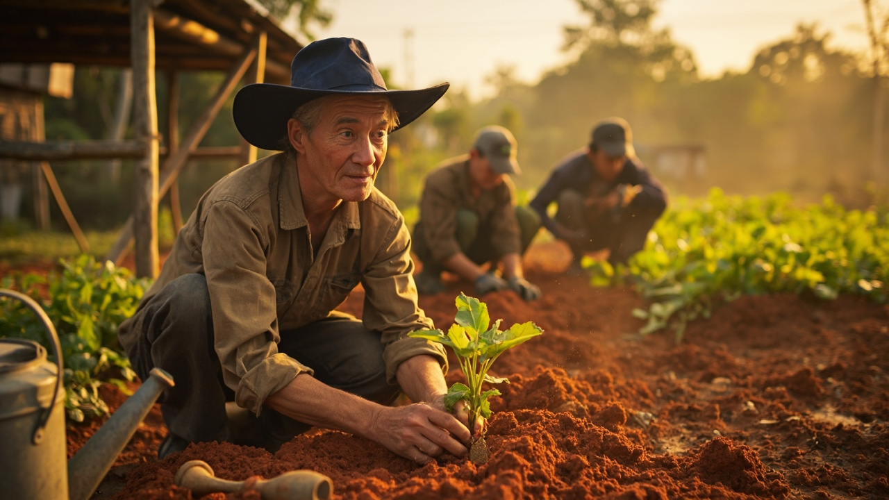 Australian volunteer in their 30s working alongside Cambodian community members in a sunlit community garden at warm afternoon light