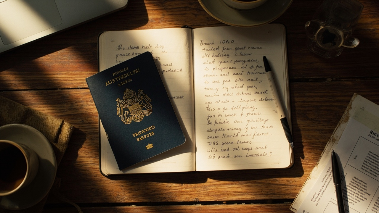Overhead flat-lay of Australian passport, open notebook with handwritten program plan, laptop edge and ceramic coffee cup on warm wooden desk