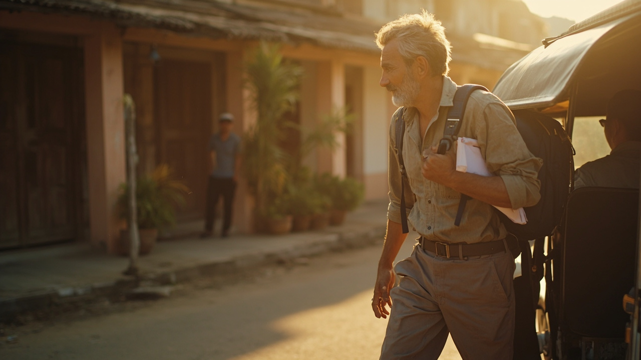 Australian volunteer arriving at a modest Phnom Penh NGO building by tuk-tuk at warm morning light, small backpack and notebook in hand