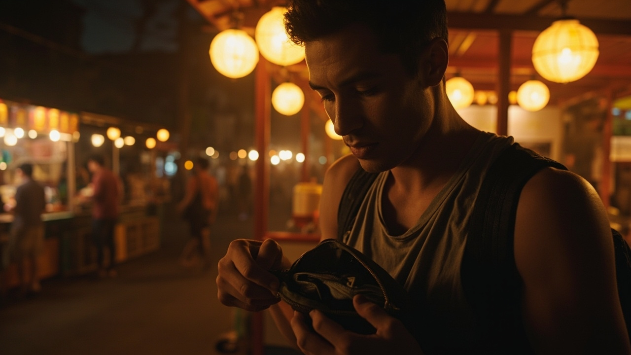 Australian traveller in a Cambodian night market checking an empty bumbag, calm composed expression under warm lantern light