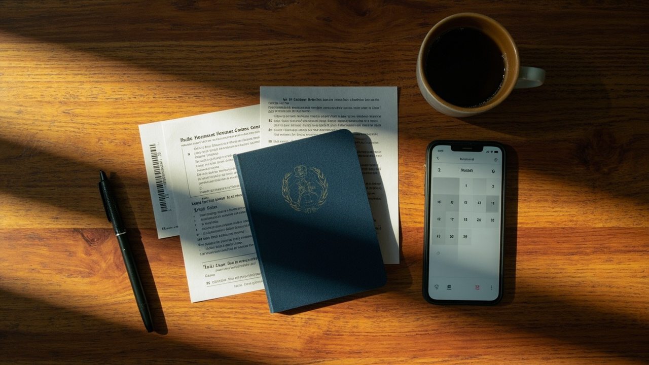 Overhead flat-lay of a generic emergency travel document, original visa PDF printout, paper police report, and a phone showing a calendar