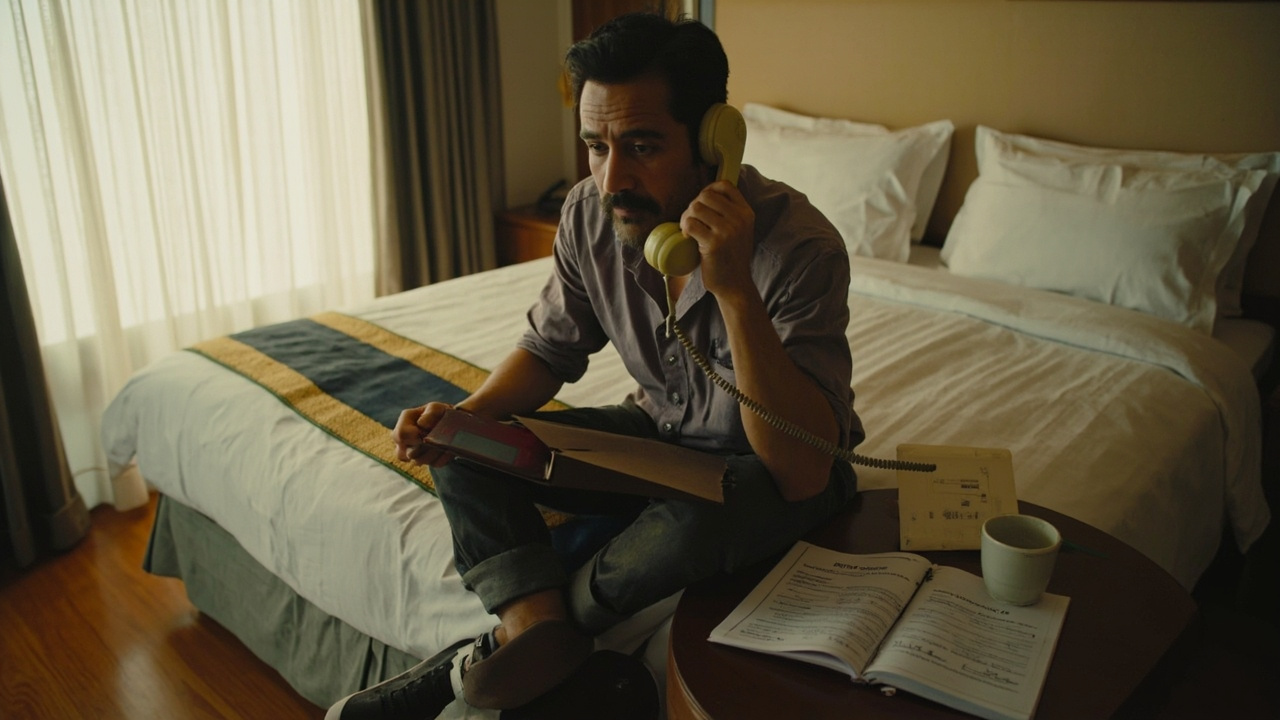 Australian traveller in a Phnom Penh hotel room on a hotel landline phone making the consular call, calm focused composition