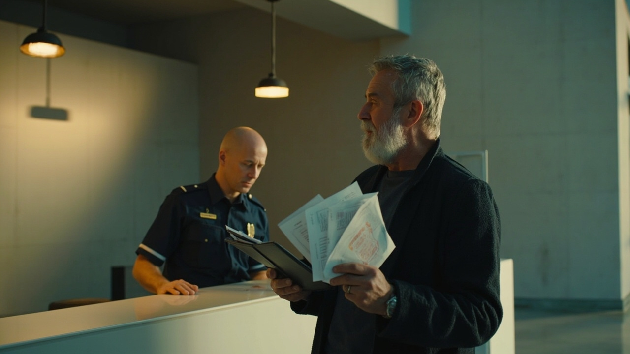 Australian traveller at a generic airport immigration counter presenting three documents to a uniformed officer on exit