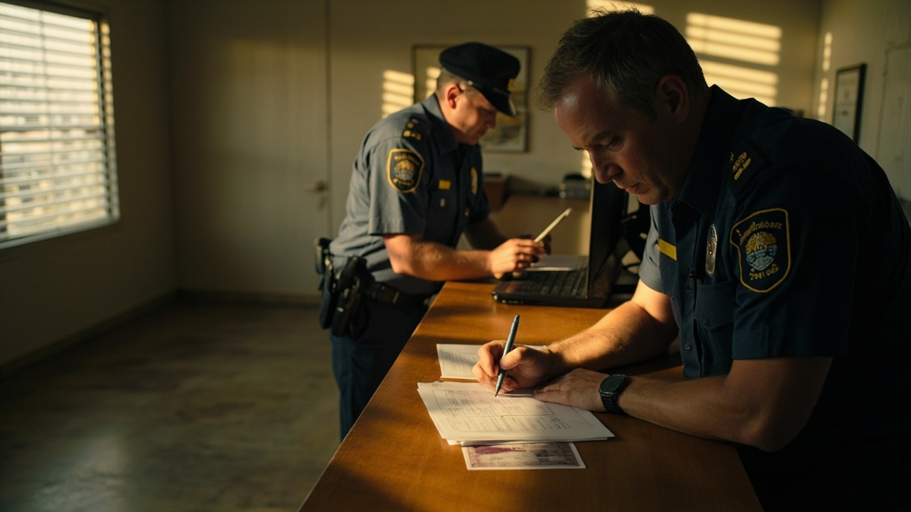 Australian traveller at a generic provincial police counter filing a theft report, calm focused exchange with the officer