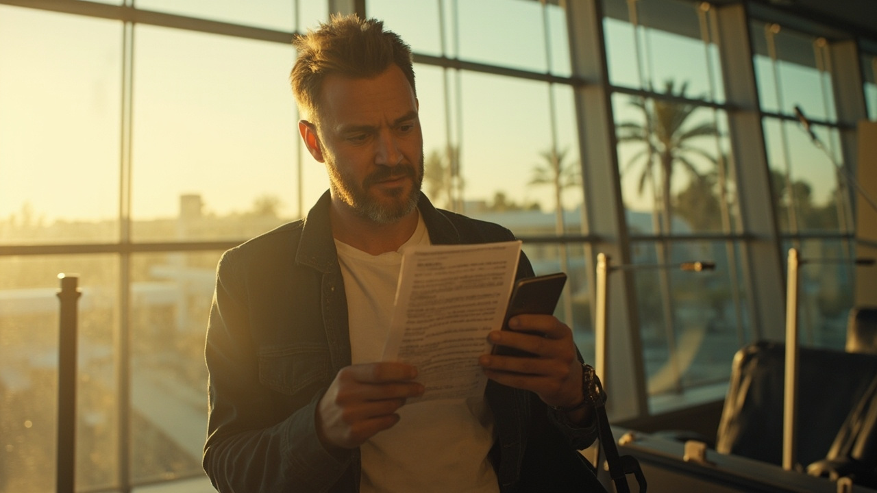 Australian traveller standing at a Cambodian airport arrivals window in early-morning light, tired but composed, holding phone with eVisa PDF visible