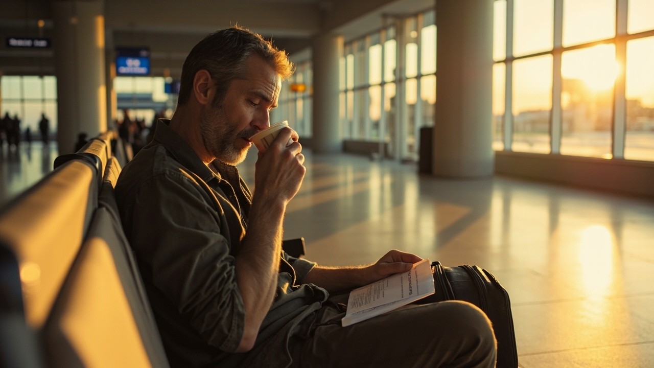 Australian traveller sitting on a bench in a generic airport arrivals corridor drinking a paper cup of water before joining the immigration queue