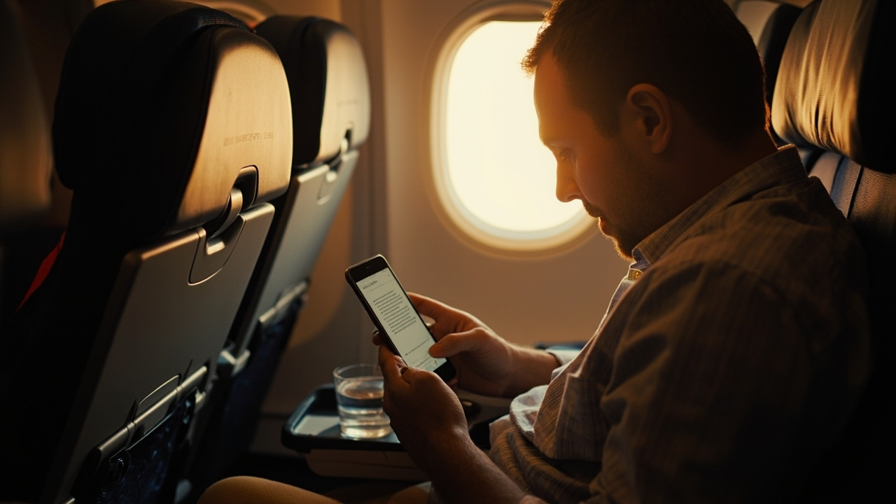 Australian traveller in an aircraft seat during descent holding a phone with eVisa PDF open, generic interior, no airline branding