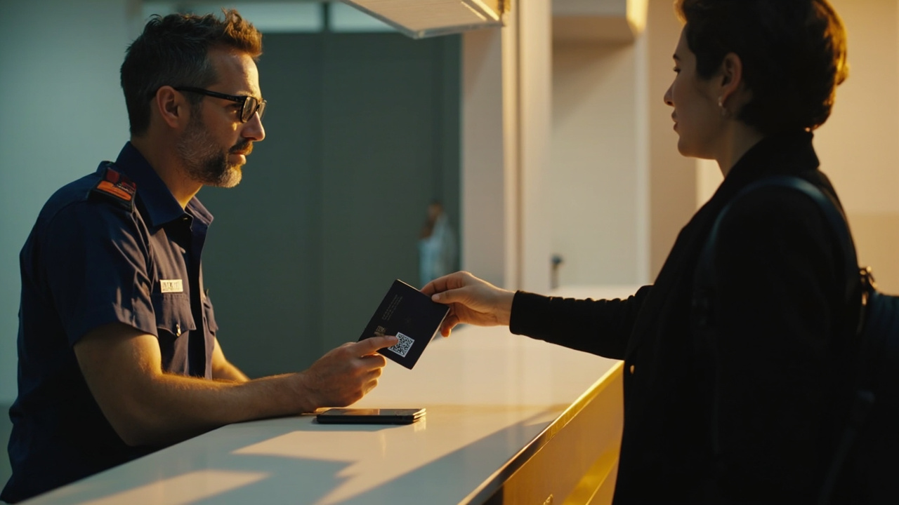 Australian traveller at a generic airport immigration counter handing over passport with both hands, calm respectful posture