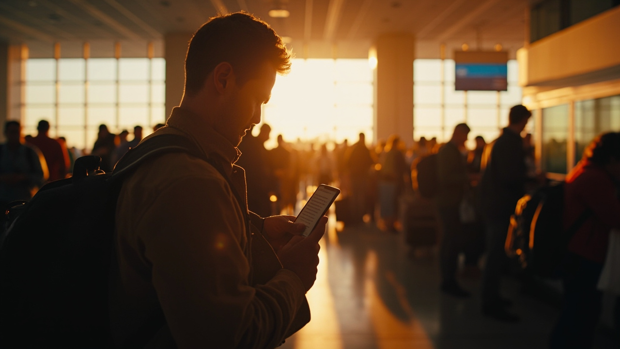 Australian traveller standing in a generic airport immigration queue taking a calm slow breath, calm shoulders neutral posture