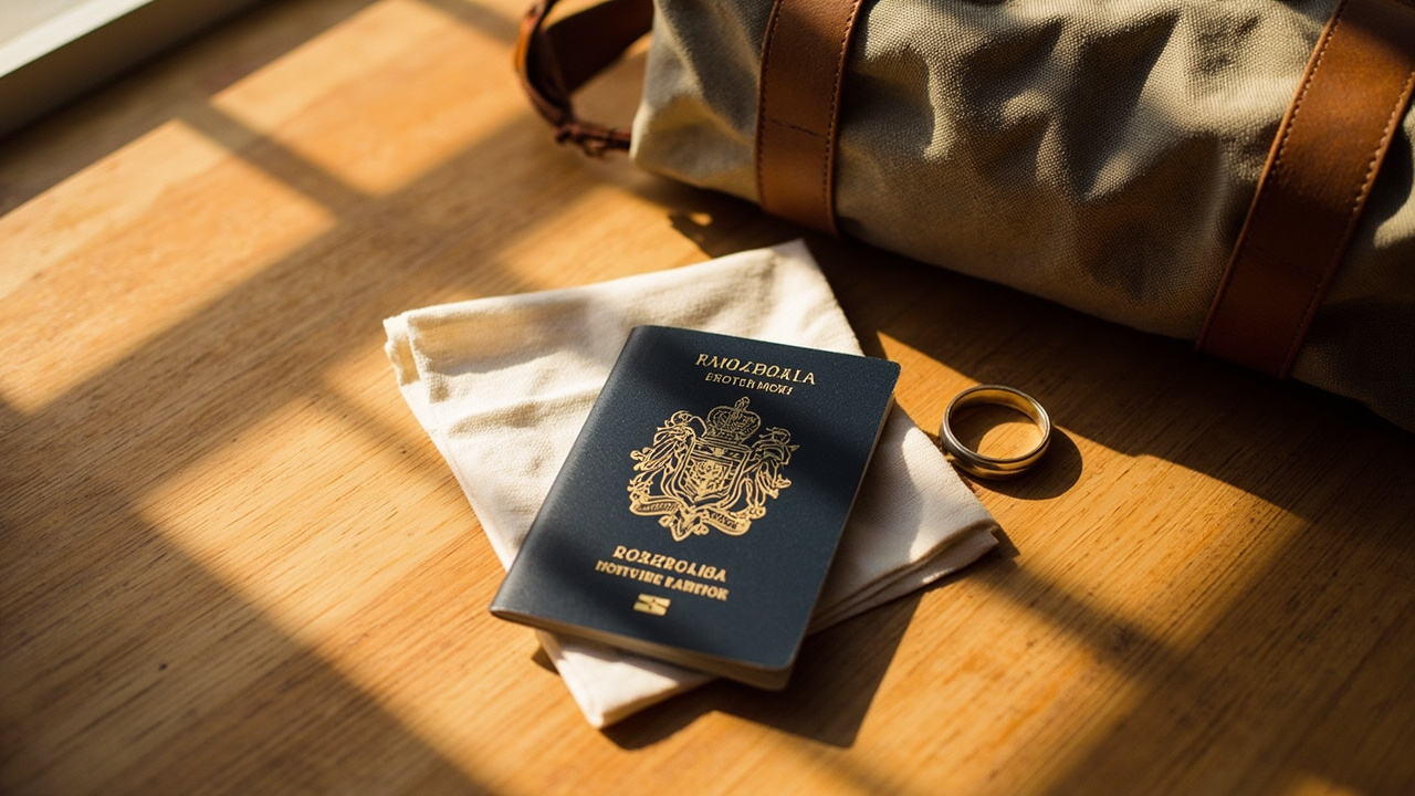 An Australian passport resting on a folded white linen napkin beside a thin gold wedding band and a half-packed canvas weekender, soft late-afternoon light across a warm wooden surface