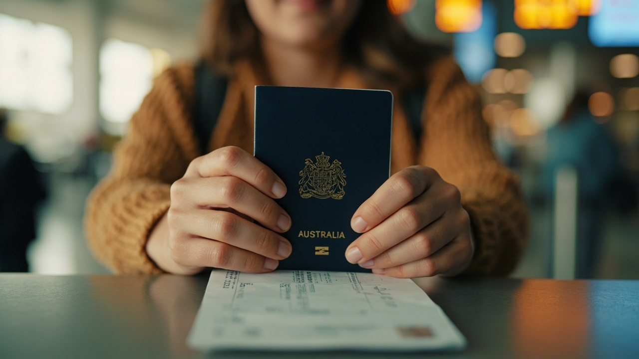 Close-up of hands holding an Australian passport and a printed boarding pass at a generic airport check-in counter in warm soft light