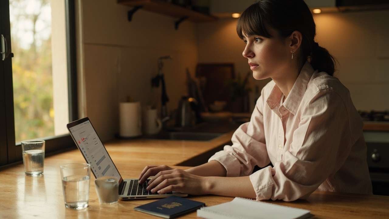 A young Australian woman in her late twenties sits at a kitchen bench with a laptop open and her passport beside it, calmly typing in soft afternoon window light