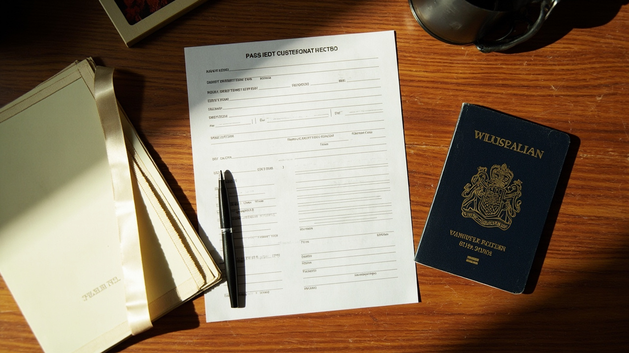 Overhead flat-lay of a blank passport renewal form, an old Australian passport, and a folded marriage certificate on a warm wooden desk in soft window light