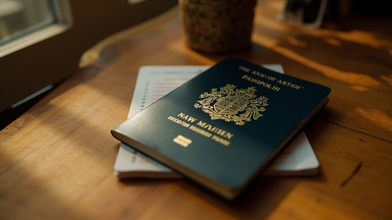 Close-up of an Australian passport bio page open flat on a warm wooden desk, the machine-readable zone at the bottom of the page softly visible in warm natural light
