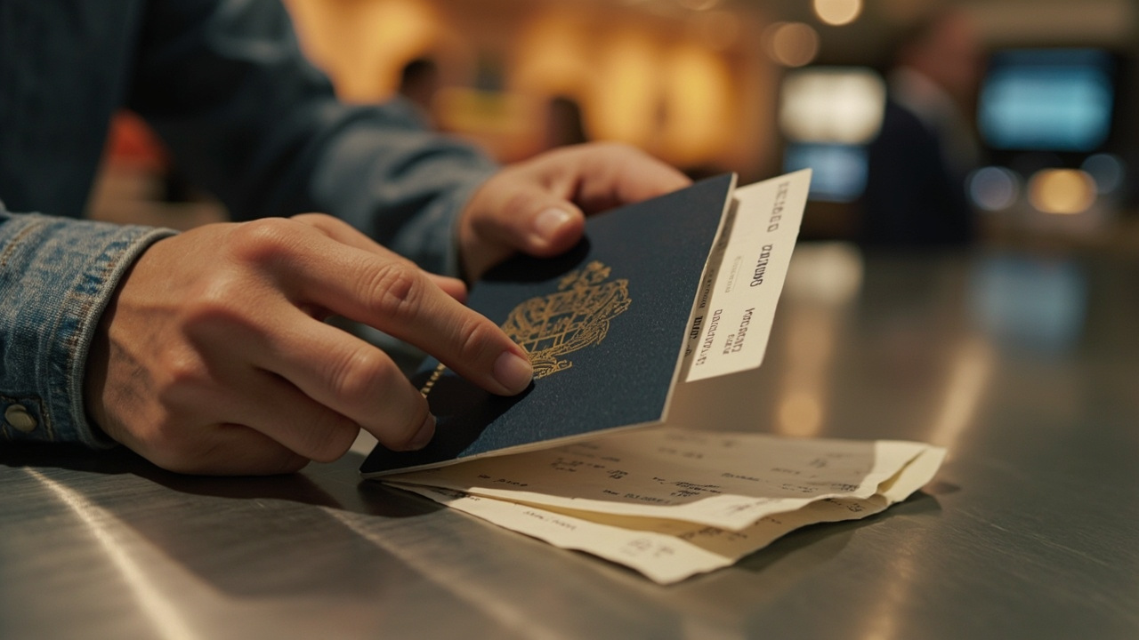 Close-up of hands holding an Australian passport and a folded printed boarding pass on a brushed metal check-in counter in soft warm light