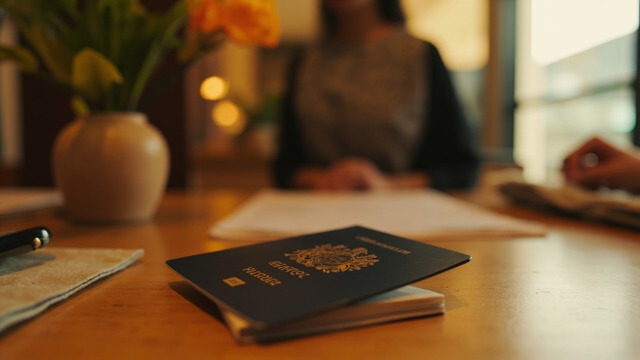 An Australian passport being slid across a warm wooden hotel-reception counter towards an out-of-focus staff member in a softly lit lobby