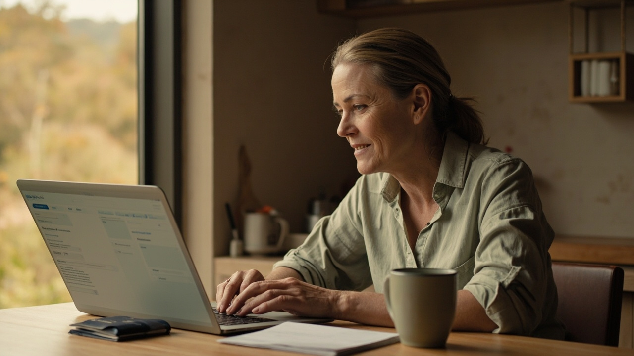 A relaxed Australian woman in her early forties at a kitchen bench, laptop open, passport beside it, calmly reviewing the application in soft morning light