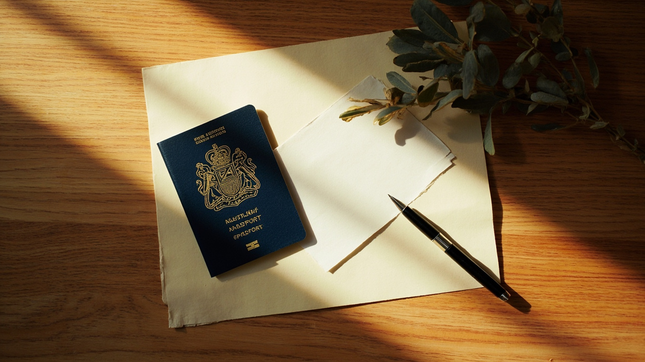 Overhead flat-lay of an Australian passport beside a softly folded ivory paper certificate and a pen on a warm wooden desk in soft natural light