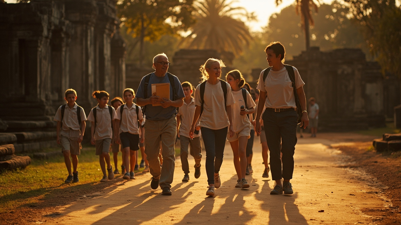 Group of Australian secondary-school students with two adult teachers walking together along a quiet sandstone path at Angkor Archaeological Park in warm afternoon light