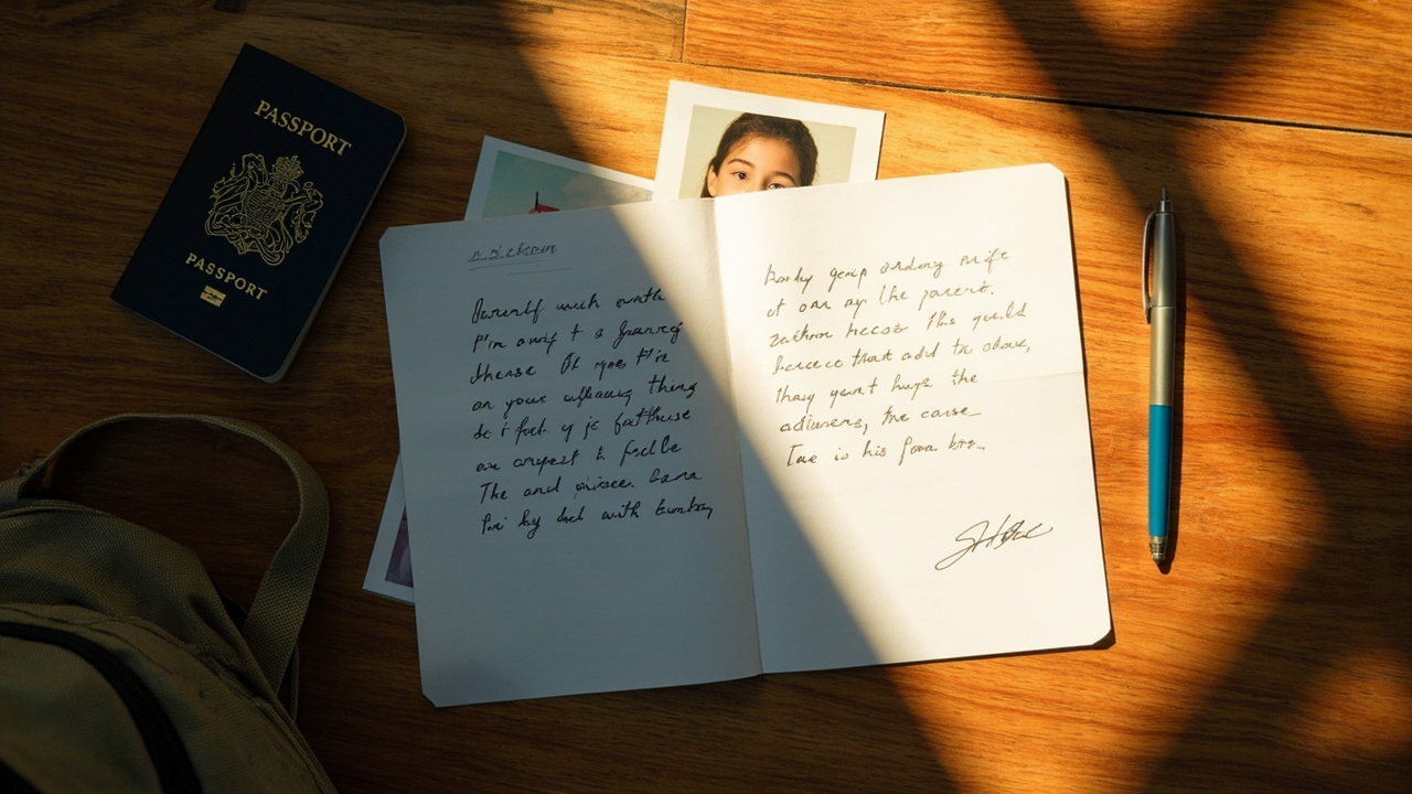 Overhead flat-lay of a child-sized Australian passport, a typed parental consent letter, a passport-style photo print, and a small student backpack on a warm wooden desk