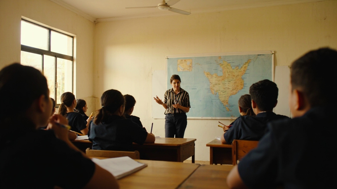 Australian secondary-school students seated at school desks during a pre-trip Cambodia orientation, a teacher beside a paper map of Cambodia