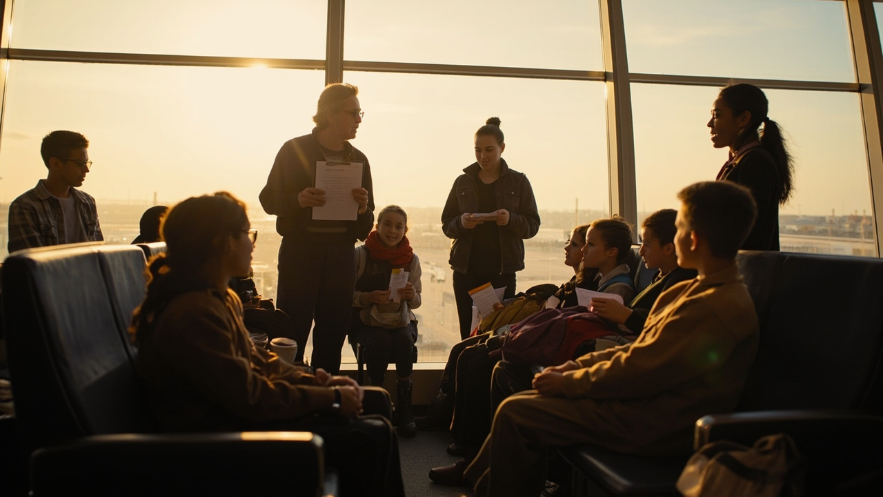 Australian teacher in their forties briefing a small group of secondary-school students at an airport gate area, students holding paper boarding passes and small daypacks