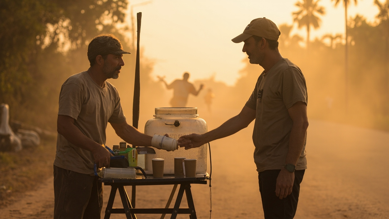 Australian charity volunteer handing a paper cup of water to a finisher at a rural Cambodia charity-event finish-line water station in warm afternoon light