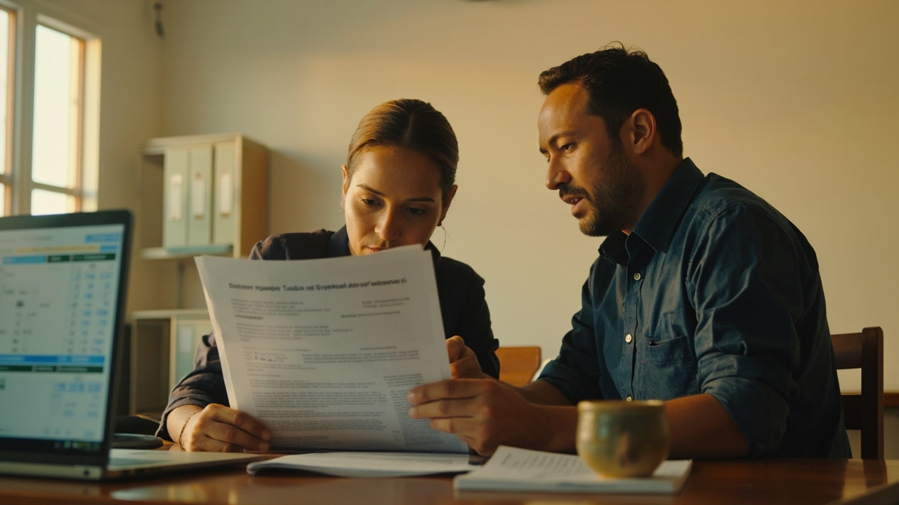 Australian charity staff member in their late 30s in a small partner-organisation office in Phnom Penh, reviewing project paperwork with an adult Cambodian colleague