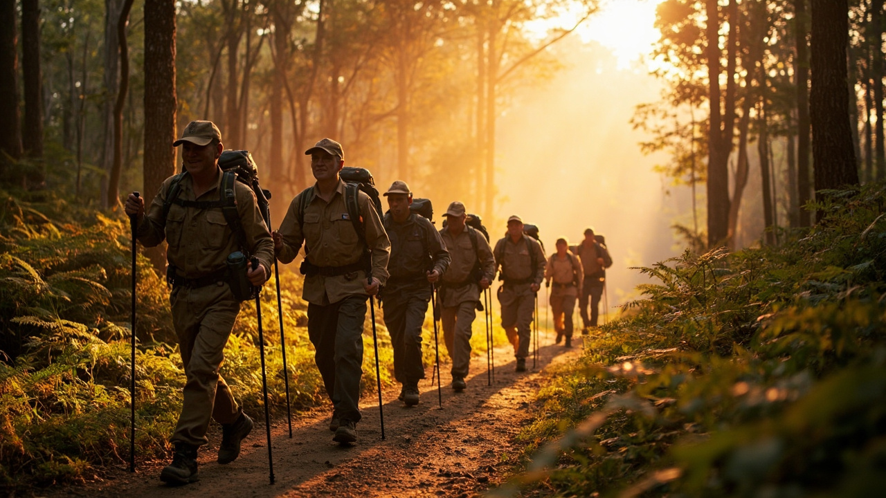 Small group of Australian charity-hike participants walking a quiet forest trail in highland Cambodia at warm morning light, with daypacks and trekking poles