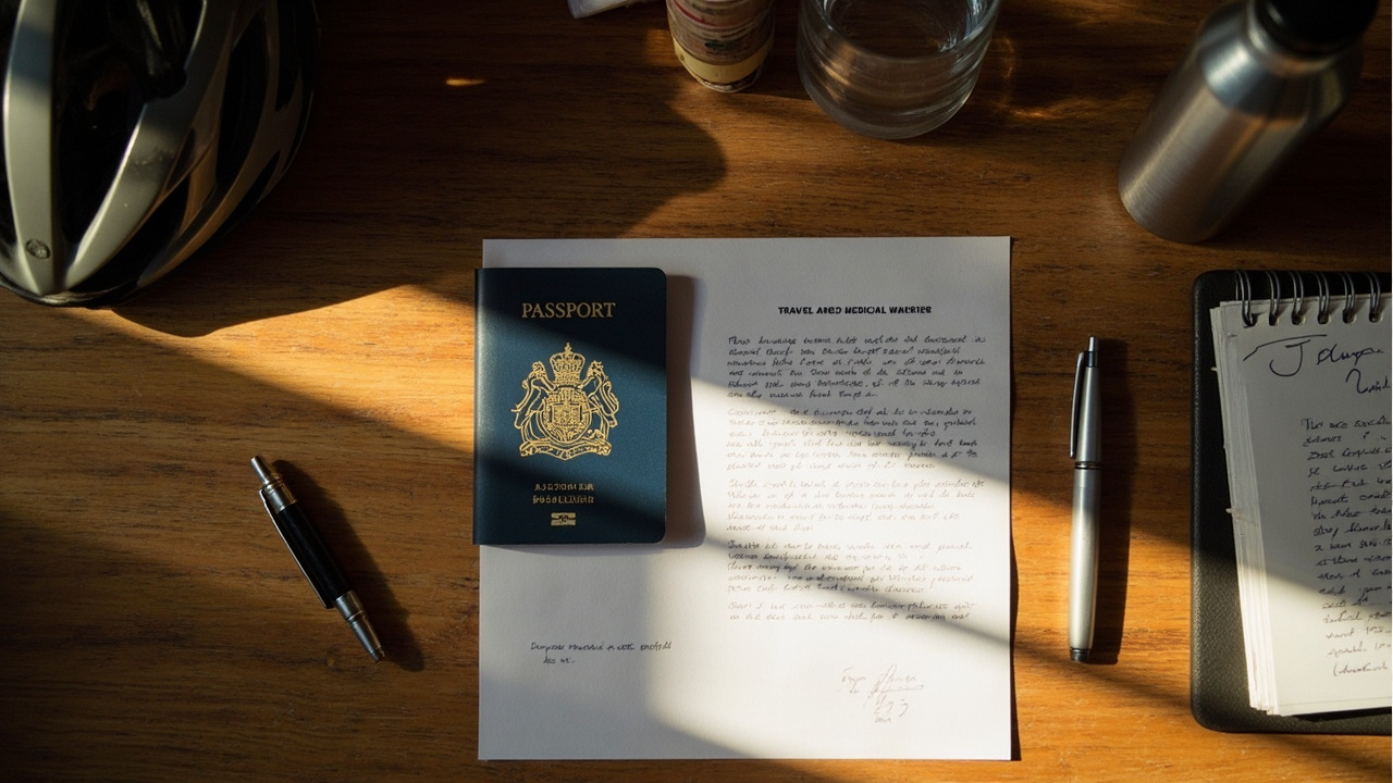 Overhead flat-lay of Australian passport, signed travel-and-medical waiver, cycling helmet edge, water bottle and notebook on a warm wooden desk