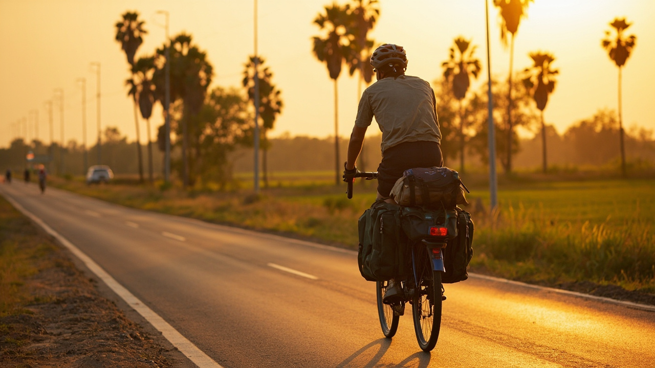 Australian cycle-tourer with loaded panniers riding a quiet rural Cambodian road at warm late-afternoon light, dry-season palm landscape
