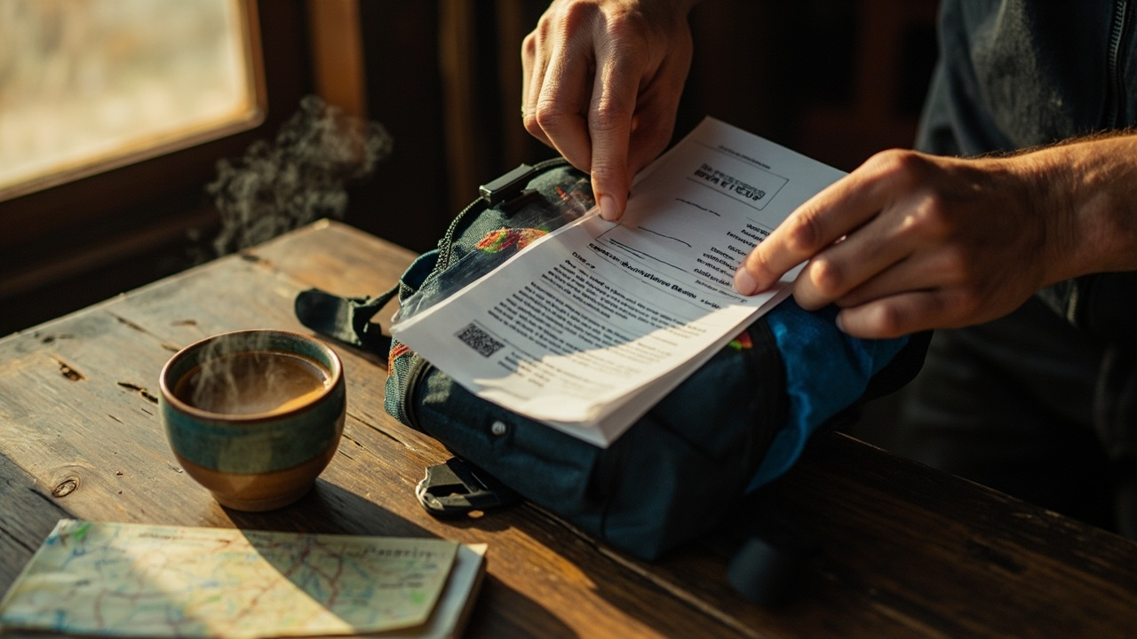 Close detail of Australian cycle-tourer sliding a printed eVisa PDF into a waterproof bar-bag sleeve, warm morning light at a guesthouse table