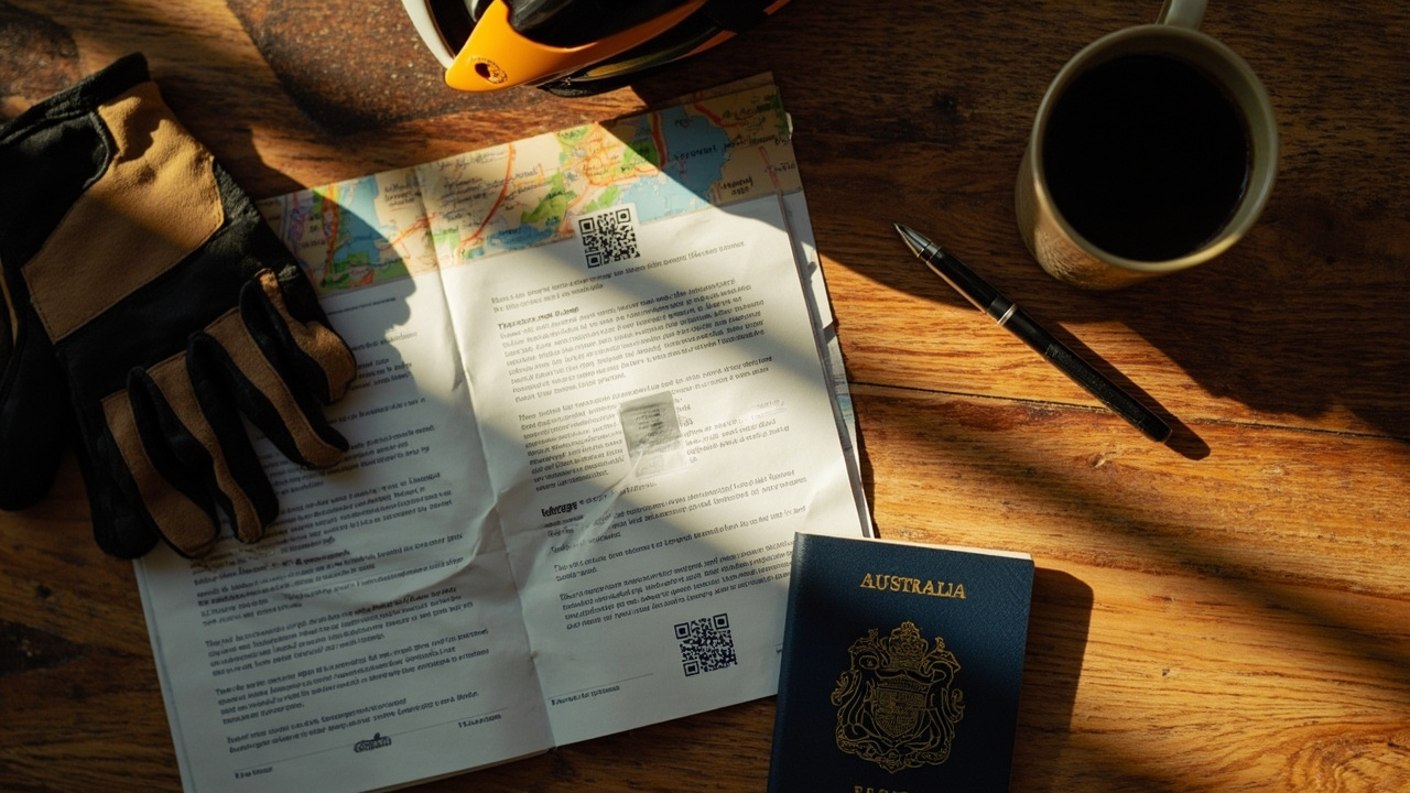 Overhead flat-lay of Australian passport, printed eVisa PDF, e-Arrival QR print, cycling gloves, helmet strap and map on a warm timber table