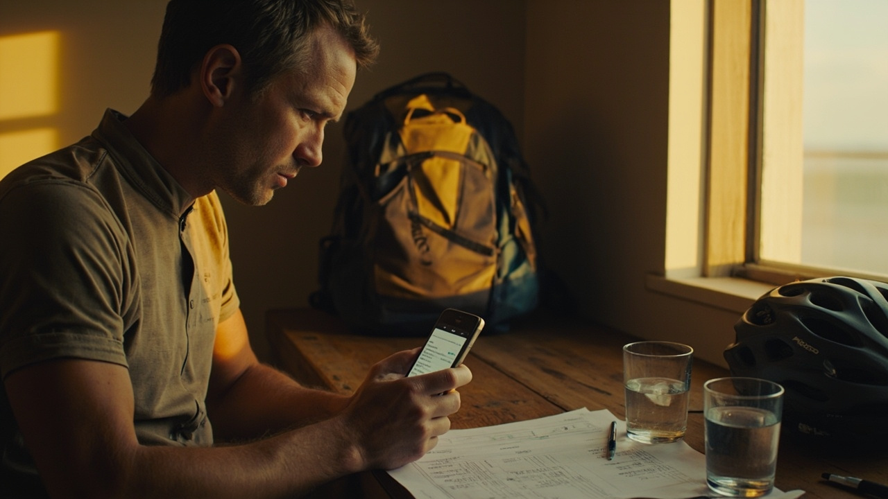 Aussie cycle-tourer reviewing the e-Arrival Card on a phone at a quiet guesthouse desk, printed itinerary and helmet beside them