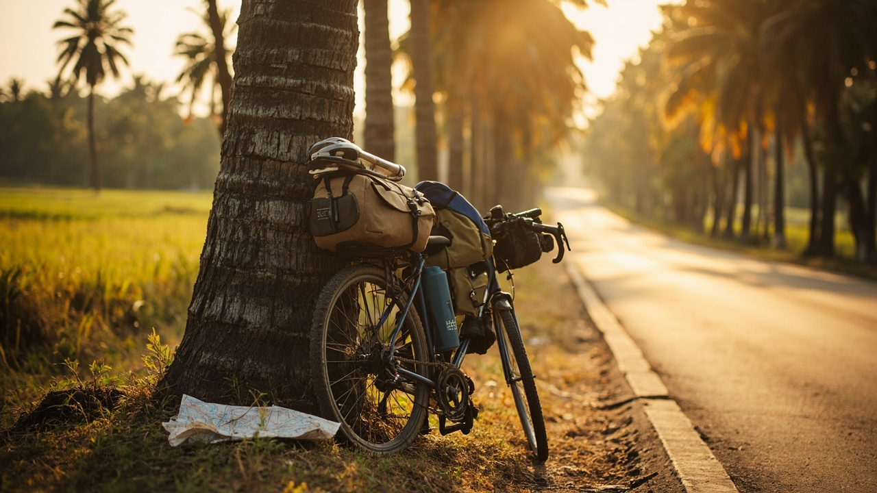Loaded touring bicycle leaning against a sugar palm at a roadside rest stop in dry-season Cambodia, water bottle and helmet on the ground