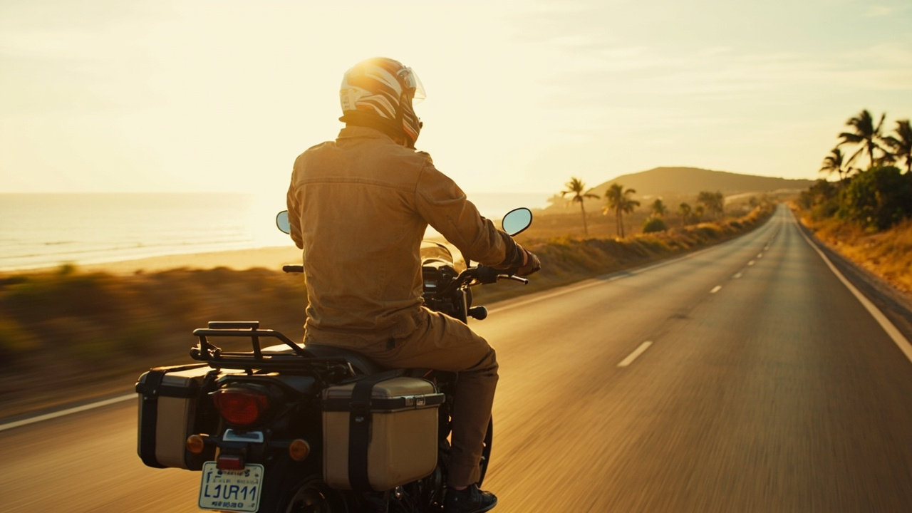 Australian motorcyclist in their 40s riding a rented mid-size adventure bike along the coastal road towards Kep at warm golden-hour light