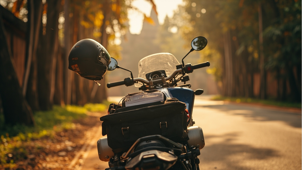 Australian motorcyclist's mid-size bike parked at the edge of a quiet temple-area road near Banteay Srei in Cambodia at warm morning light