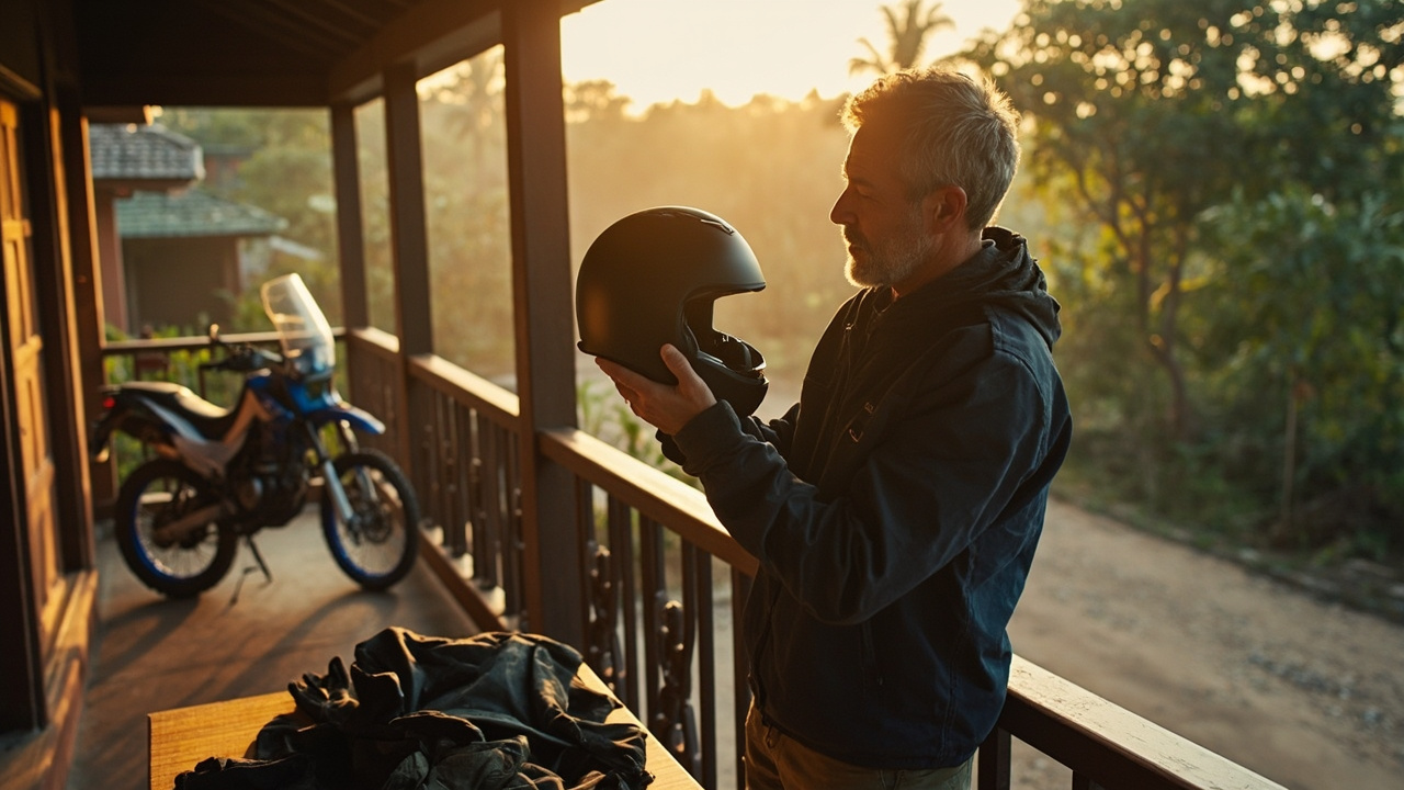 Australian motorcyclist checking a quality full-face helmet and gloves at a guesthouse balcony before a Cambodia ride at warm morning light