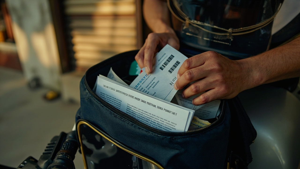 Close detail of an Australian motorcyclist tucking an IDP booklet and Australian licence card into a tank bag at a Phnom Penh rental shop