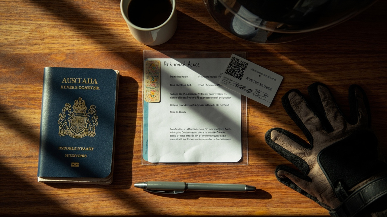 Overhead flat-lay of Australian passport, IDP booklet, Australian licence card, printed eVisa, helmet strap and motorcycle gloves on a warm timber table